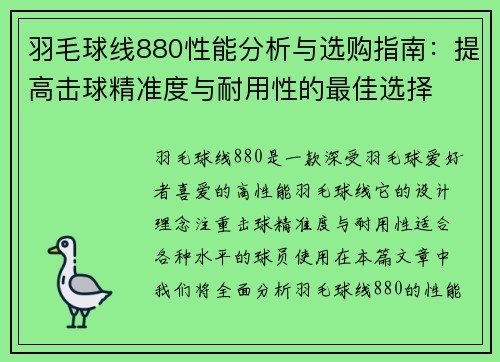 羽毛球线880性能分析与选购指南：提高击球精准度与耐用性的最佳选择