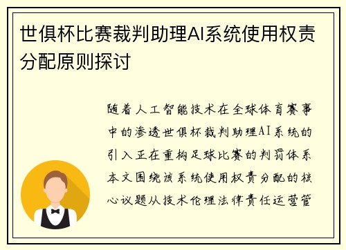世俱杯比赛裁判助理AI系统使用权责分配原则探讨