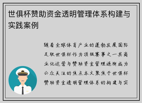 世俱杯赞助资金透明管理体系构建与实践案例